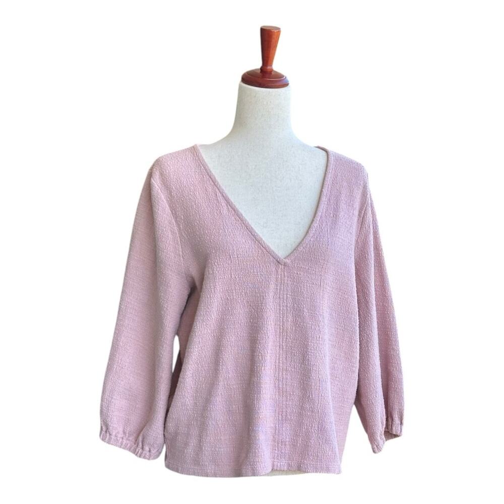 Madewell V-Neck Spring Blouse Textured Puff Sleeve Top Blush Pink Romantic XL